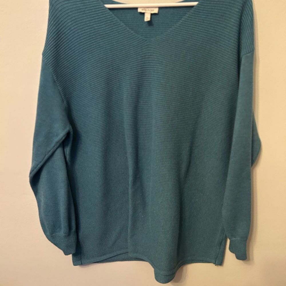 Ella Moss Teal V-Neck Sweater Horizontal Ribbing XL Womens